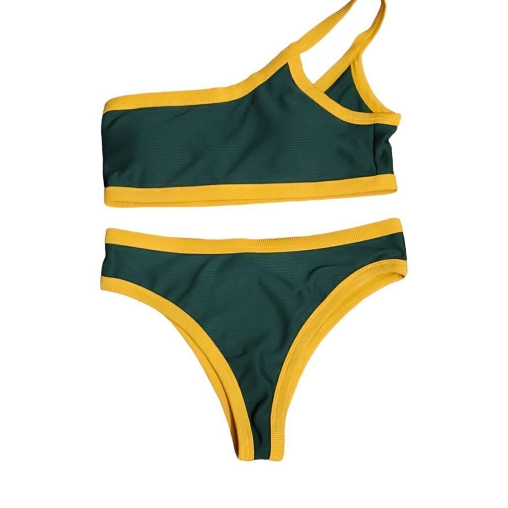 🚨One Shoulder Ribbed Bikini Green and Yellow Swimsuit